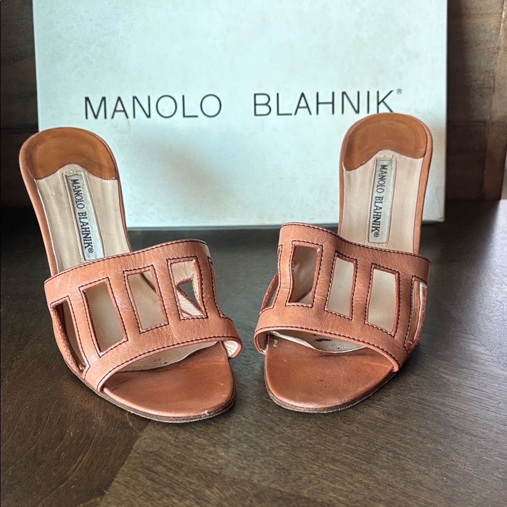 Manolo Blahnik Tan Cut-Out Mules